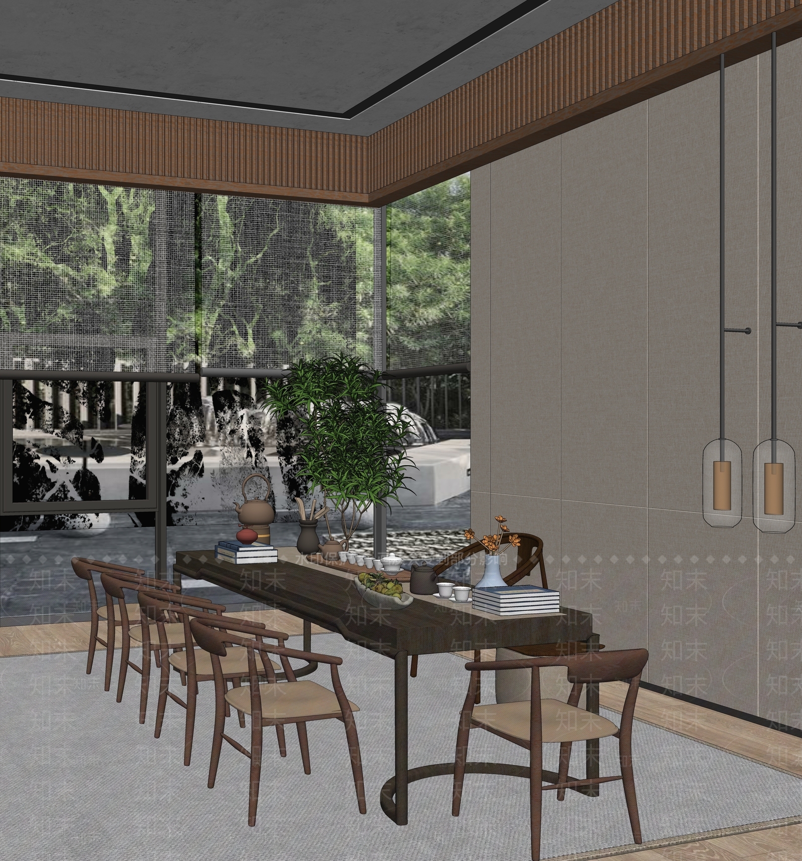 冰川设计新中式售楼处茶室SU模型下载【ID:198791213】