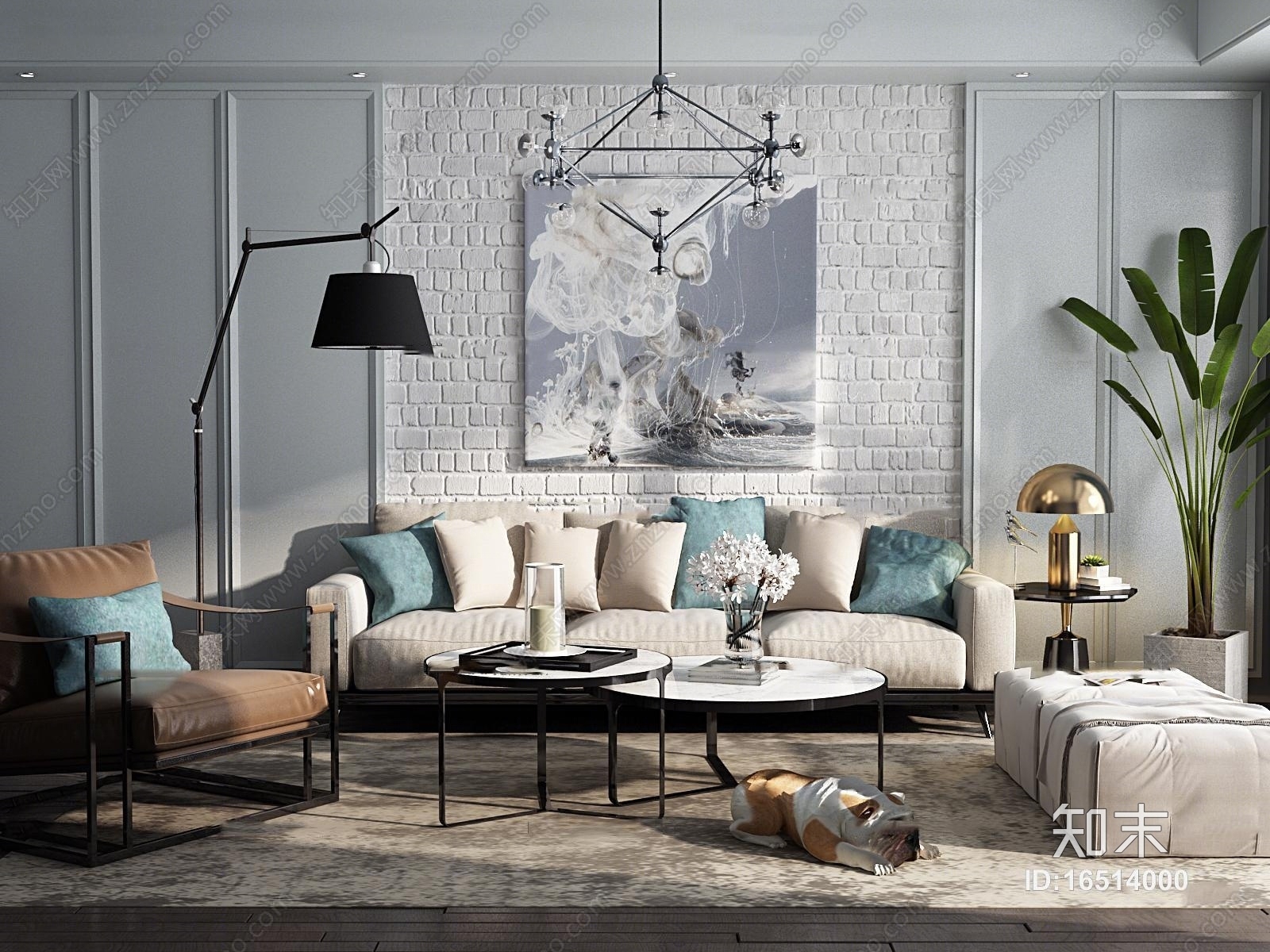 现代布艺沙发茶几吊灯盆栽组合3D模型下载【ID:16514000】