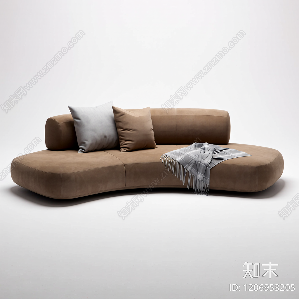 弧形布艺沙发带抱枕3D模型下载【ID:1206953205】