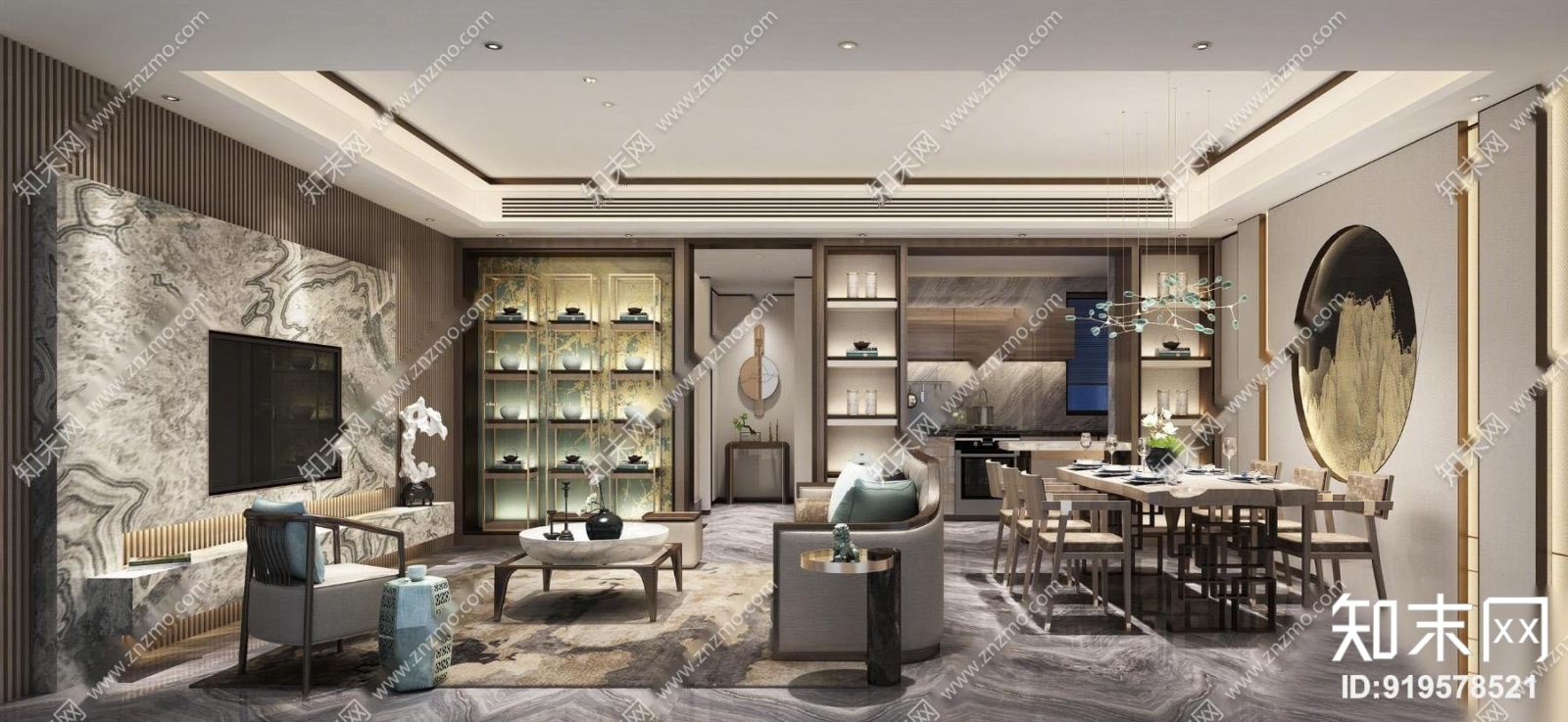 新中式客厅餐厅卧室卫生间3D模型下载【ID:919578521】