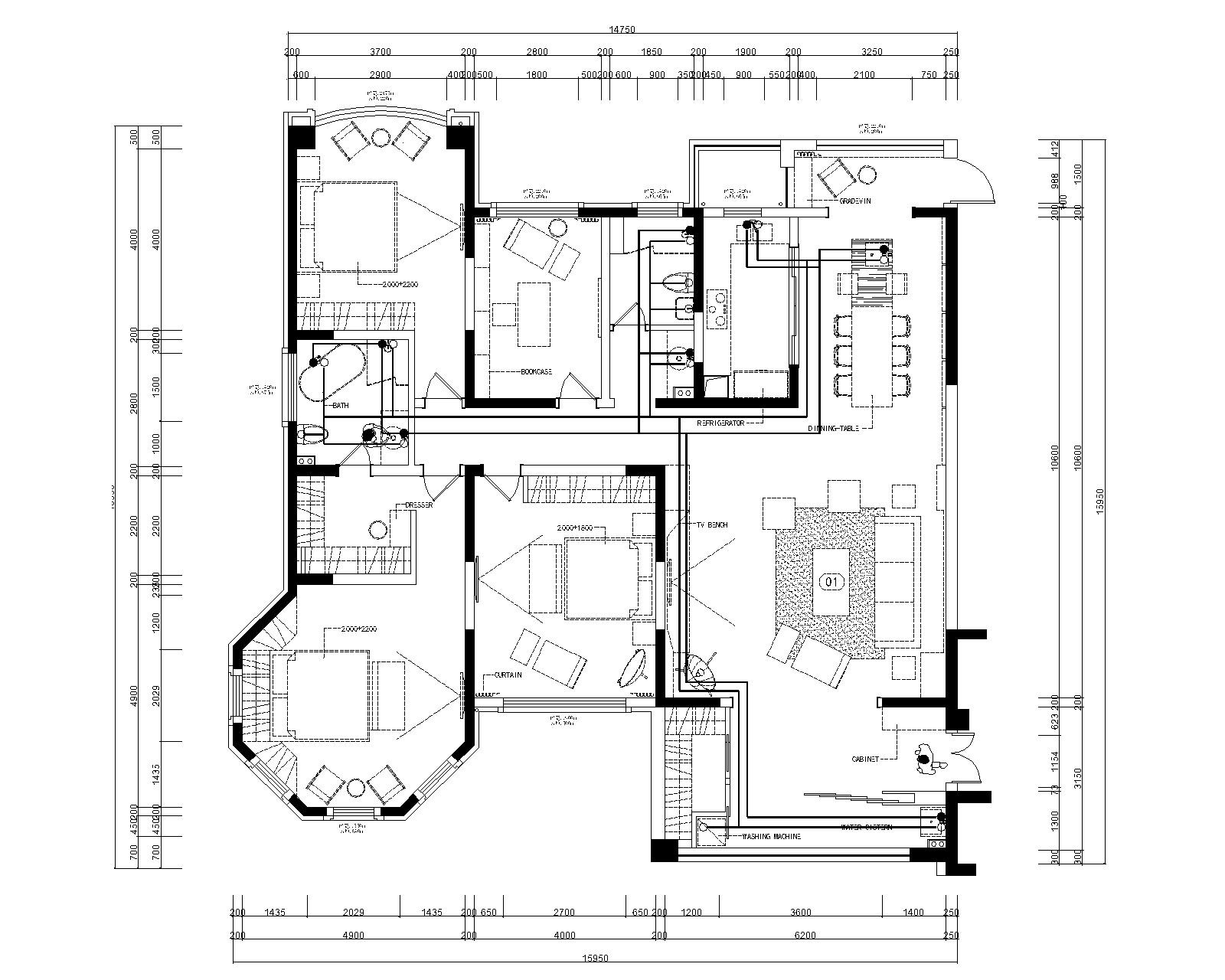 君临新城三居室样板房室内装修全套施工图施工图下载【ID:160120110】