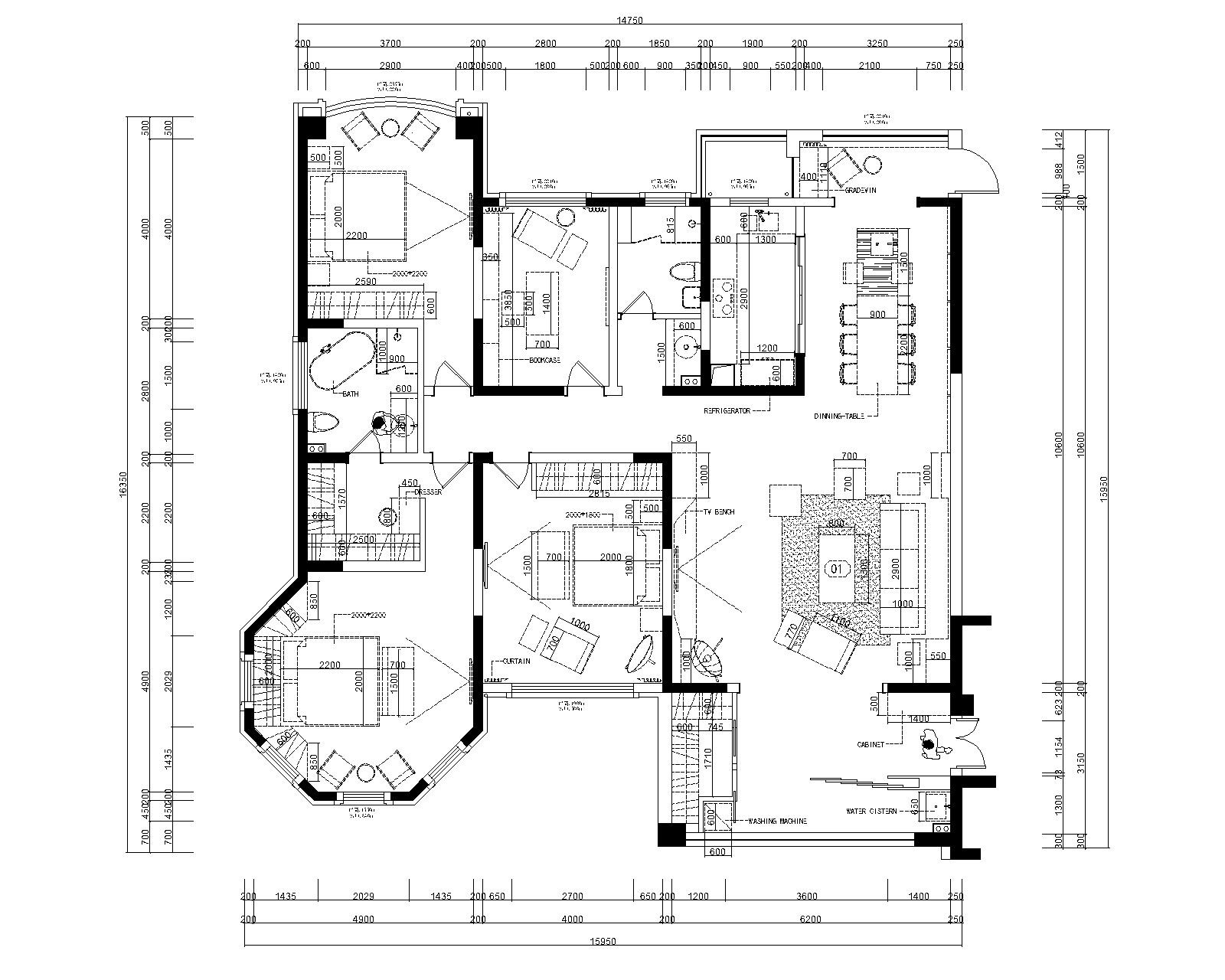 君临新城三居室样板房室内装修全套施工图施工图下载【ID:160120110】