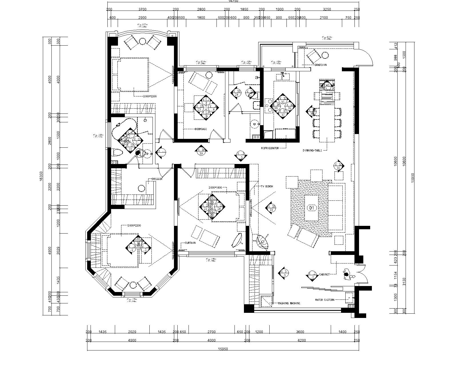 君临新城三居室样板房室内装修全套施工图施工图下载【ID:160120110】