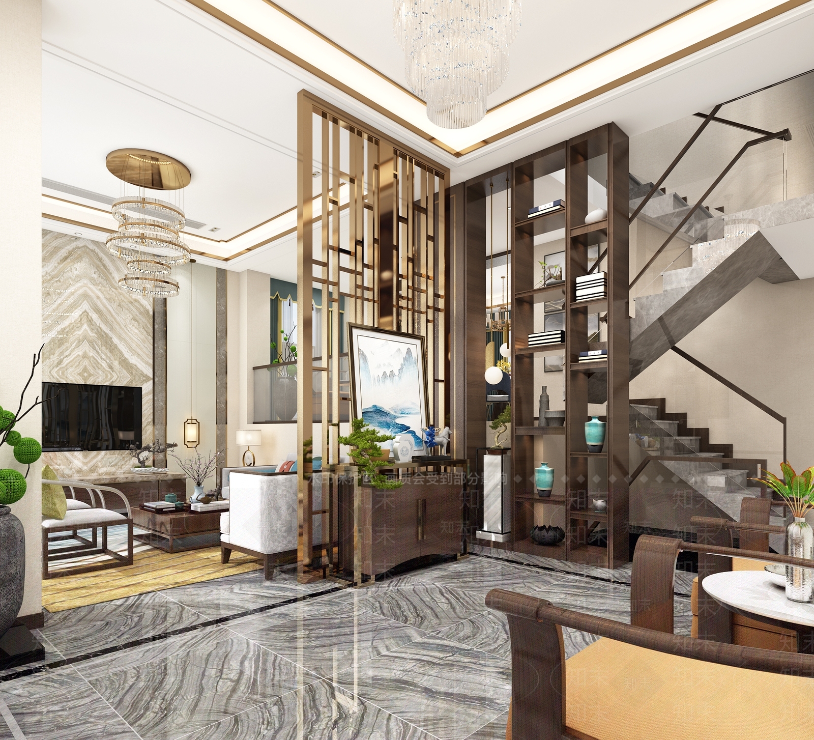 新中式现代新中式别墅客厅餐厅门厅卧室3D模型下载【ID:733013839】