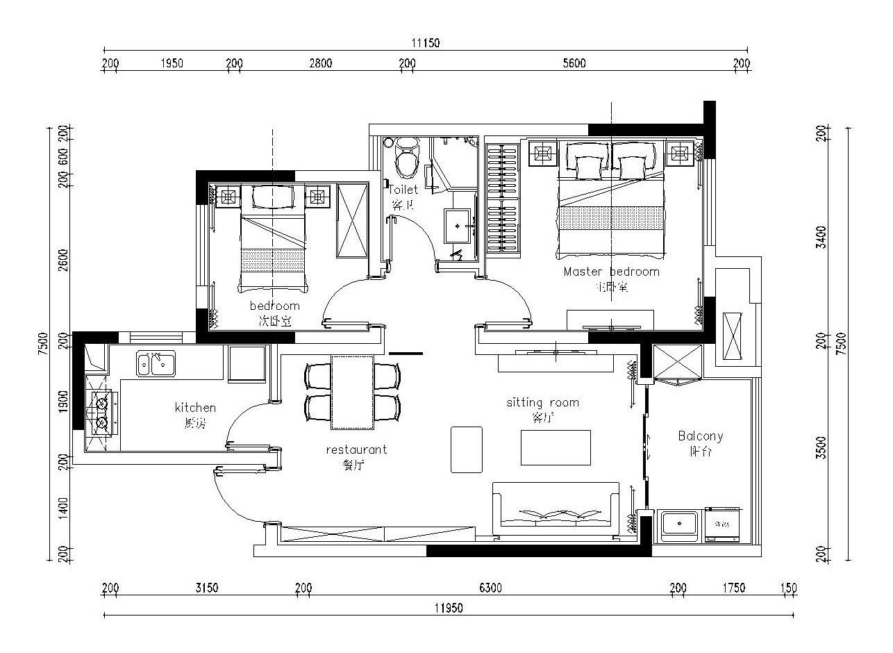 85平米现代简约风格小户型装修施工图（附效果图）施工图下载【ID:160494151】