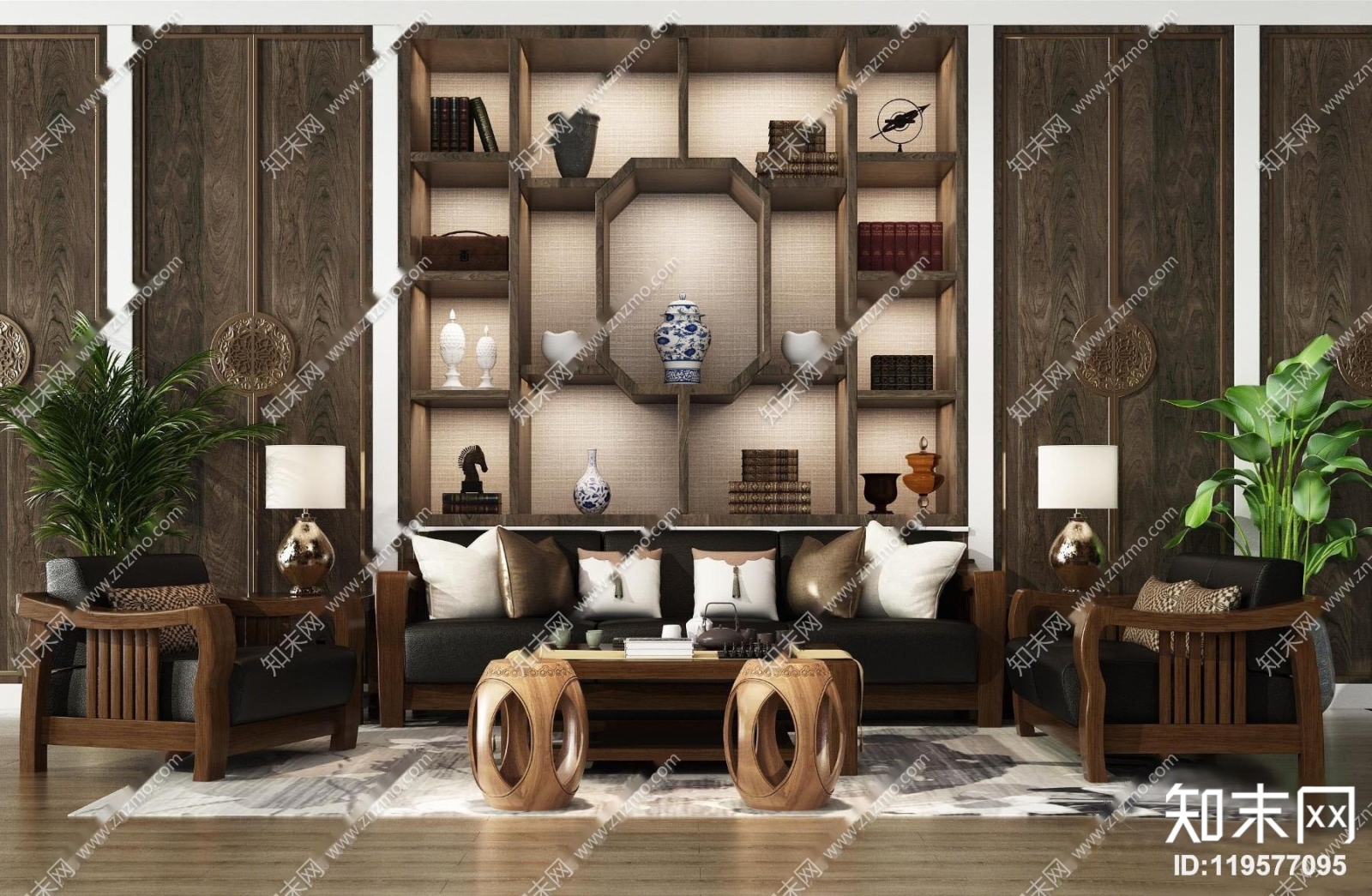 中式实木沙发茶几凳子装饰架摆件盆栽组合3D模型下载【ID:119577095】