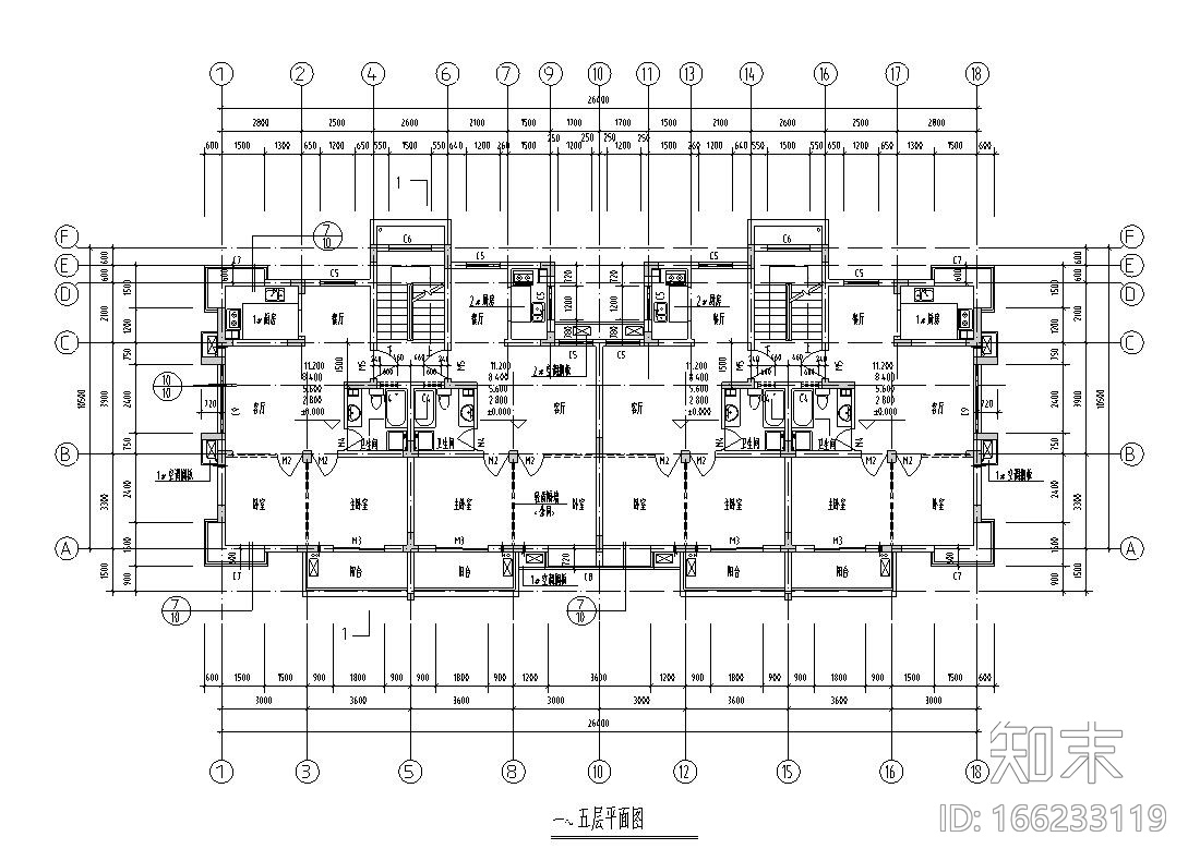 六层二单元2户对称户型住宅设计图cad施工图下载【ID:166233119】