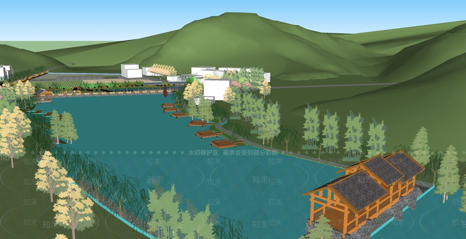 美丽乡村滨湖景观SU模型下载【ID:173413173】