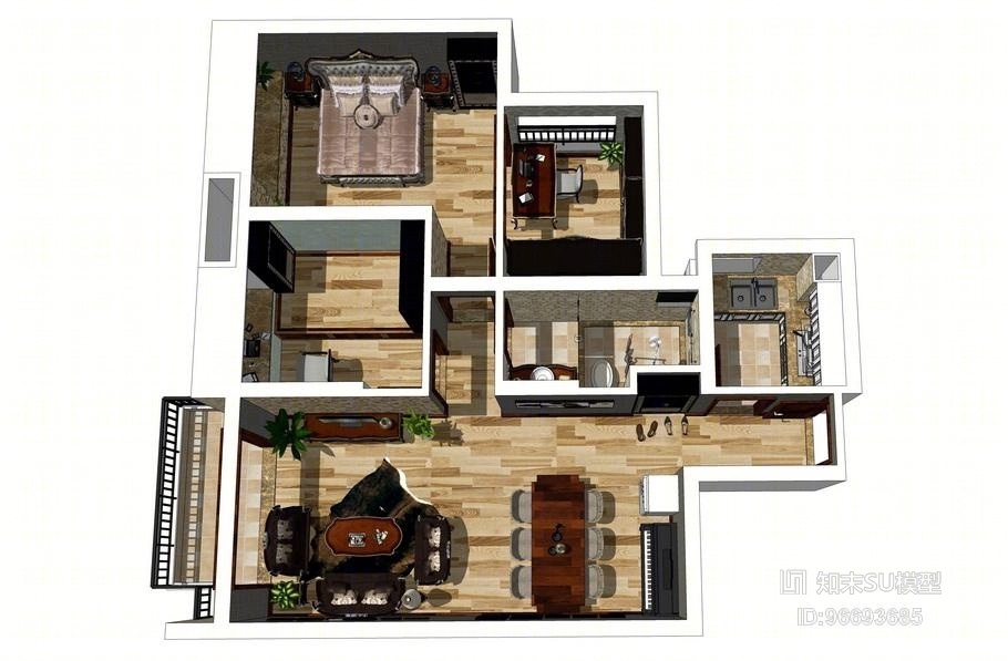欧式风格三房两厅家装设计SU模型下载【ID:96693685】