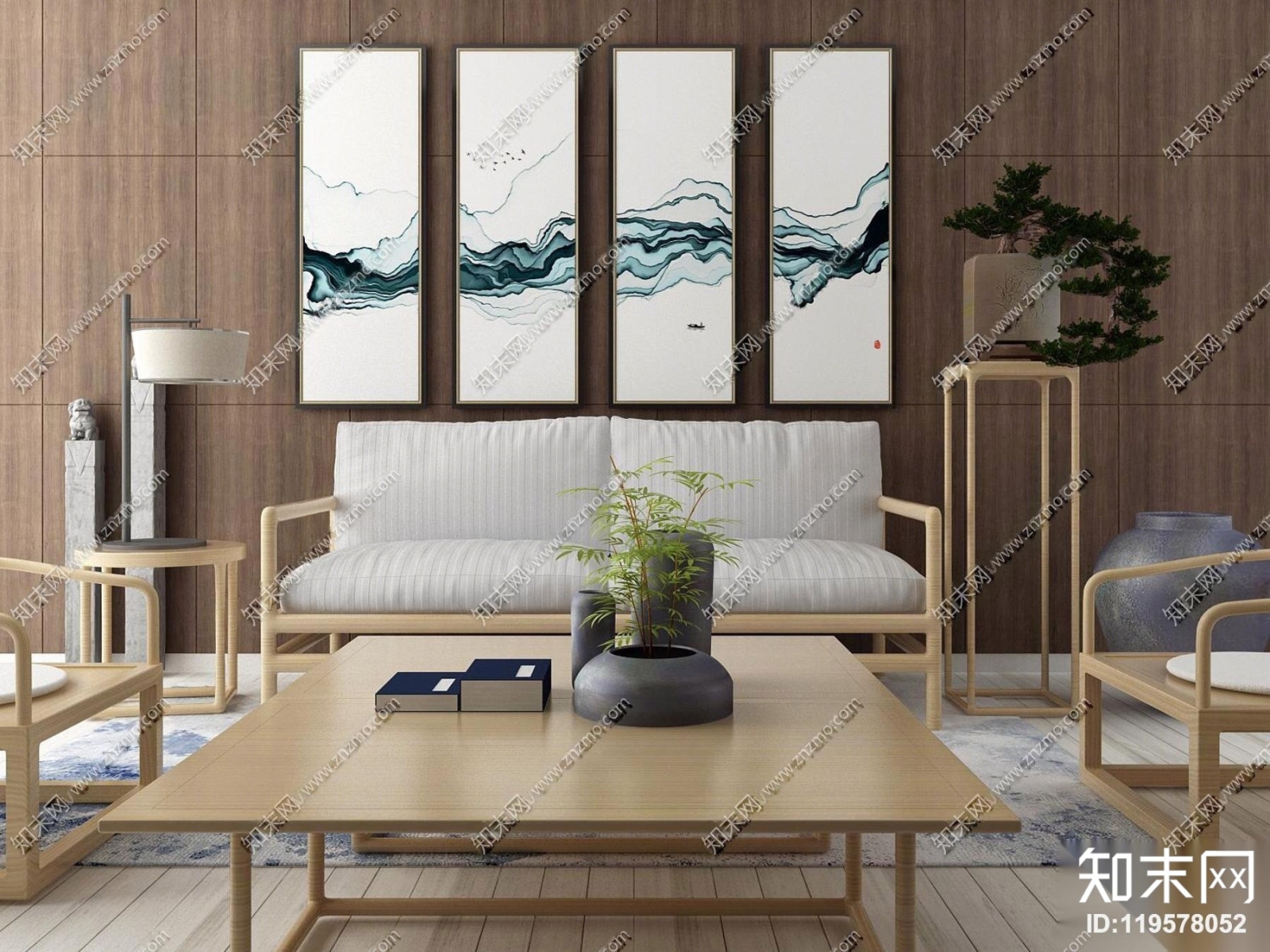 中式实木沙发茶几装饰画组合3D模型下载【ID:119578052】