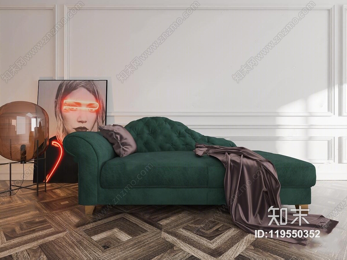 欧式布艺贵妃椅装饰画组合3D模型下载【ID:119550352】