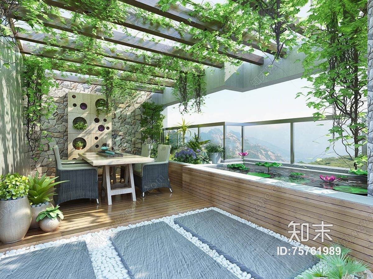 现代阳台花园花架荷花池植物摆件3D模型下载【ID:75761989】