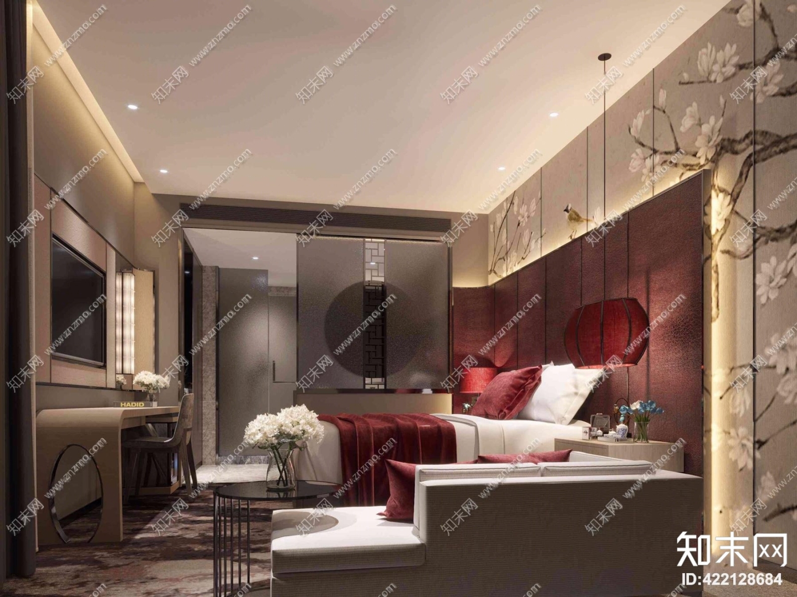 新中式客房单人套间3D模型下载【ID:422128684】