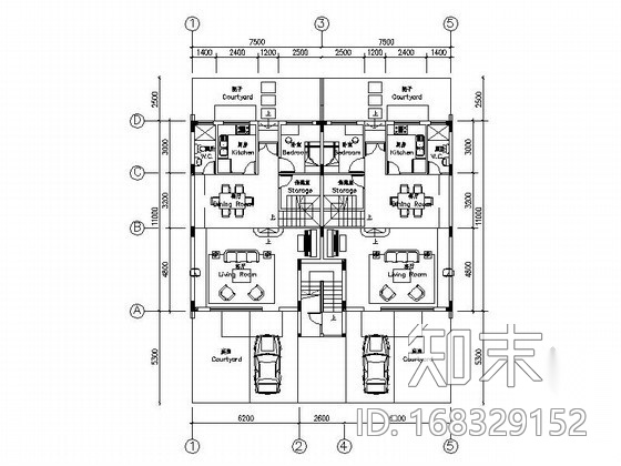 某四层带阁楼双拼别墅户型图（南入口）cad施工图下载【ID:168329152】