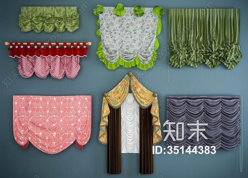 儿童房公主房窗帘组合3D模型下载【ID:35144383】