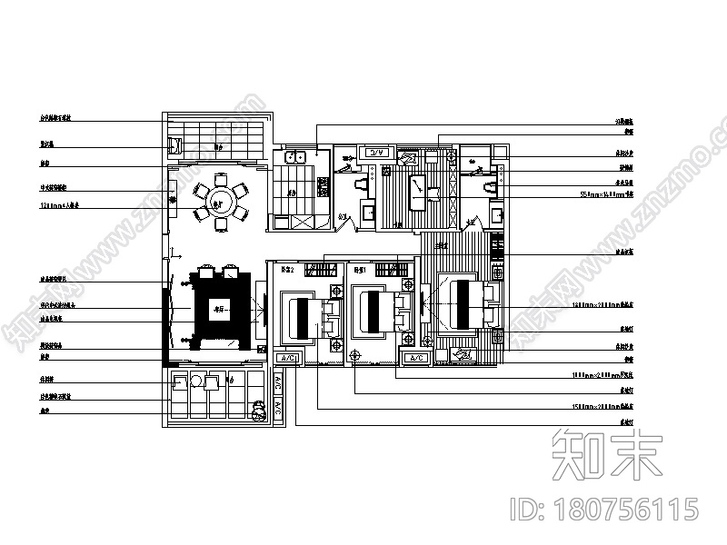 [广东]新中式样板房设计CAD施工图（含实景图和效果图）cad施工图下载【ID:180756115】