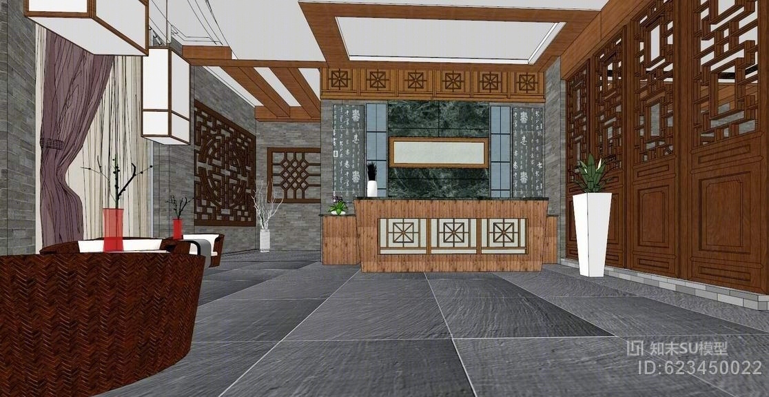 中式餐厅室内设计SU模型下载【ID:623450022】