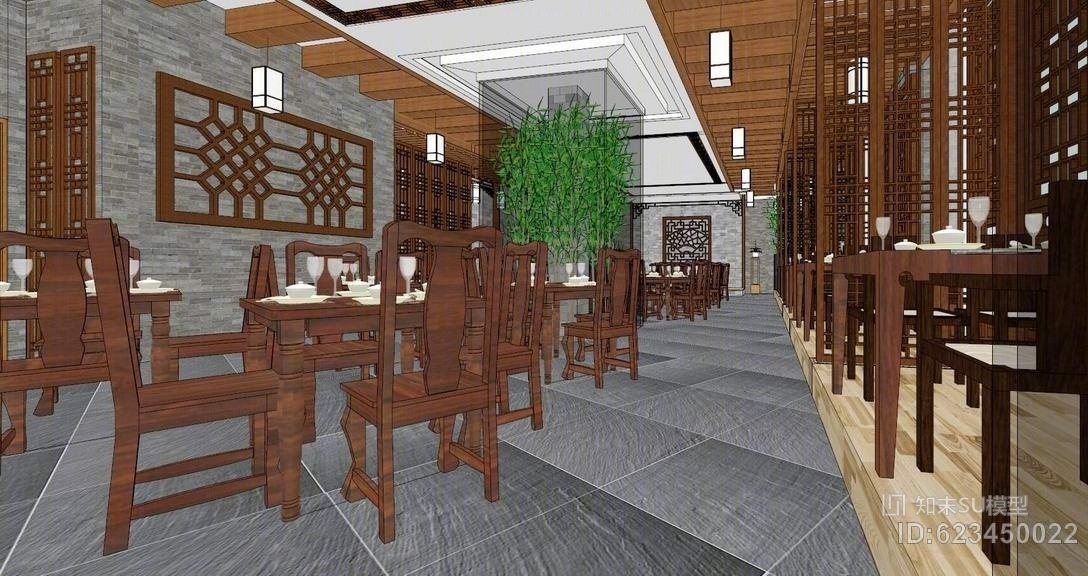中式餐厅室内设计SU模型下载【ID:623450022】
