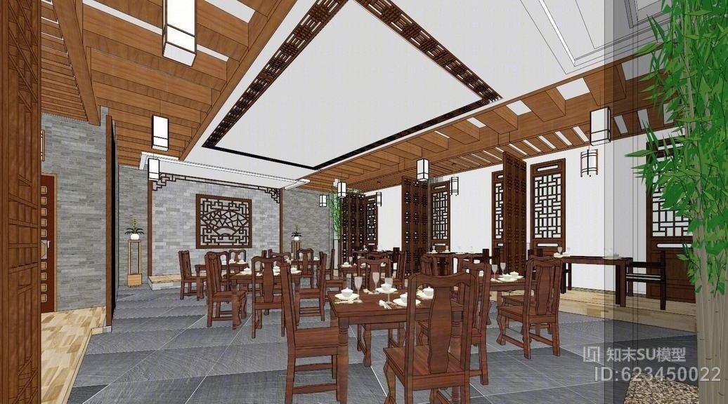 中式餐厅室内设计SU模型下载【ID:623450022】
