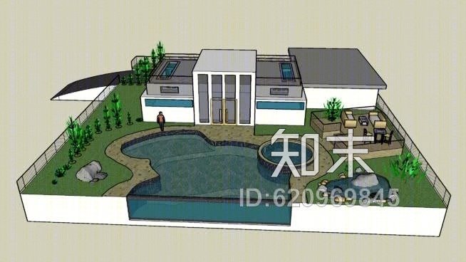 园林池塘现代度假别墅SU模型下载【ID:620969845】