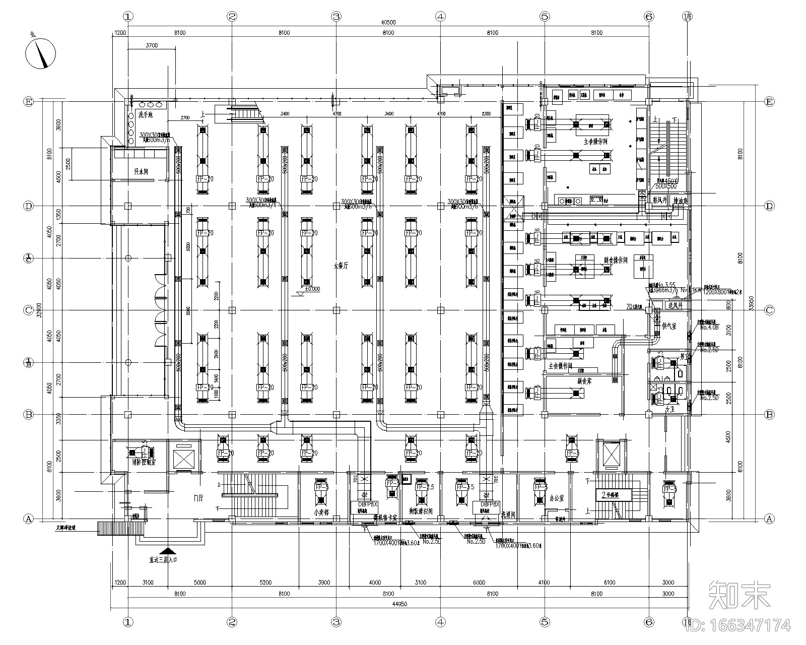 唐山某职工食堂风盘+新风中央空调设计图cad施工图下载【ID:166347174】