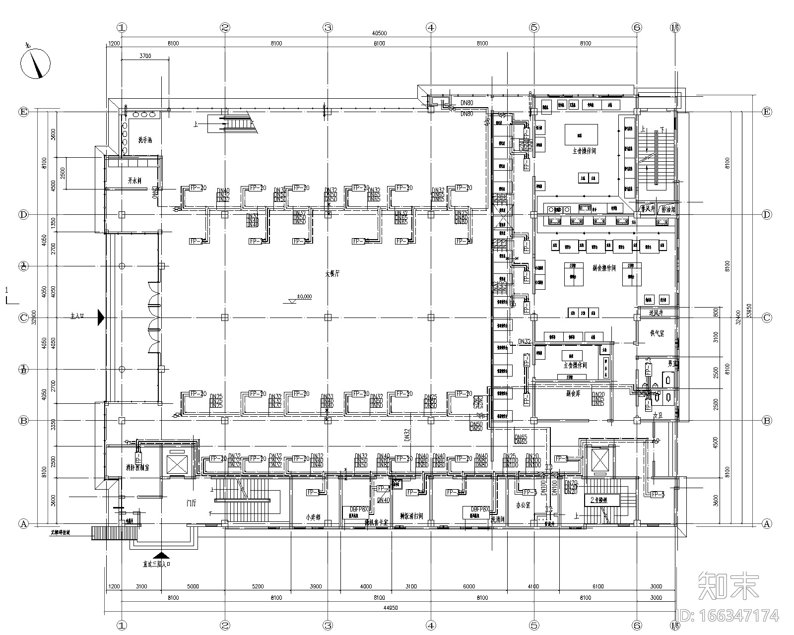 唐山某职工食堂风盘+新风中央空调设计图cad施工图下载【ID:166347174】