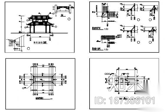 某重檐古亭建筑方案图cad施工图下载【ID:167386101】