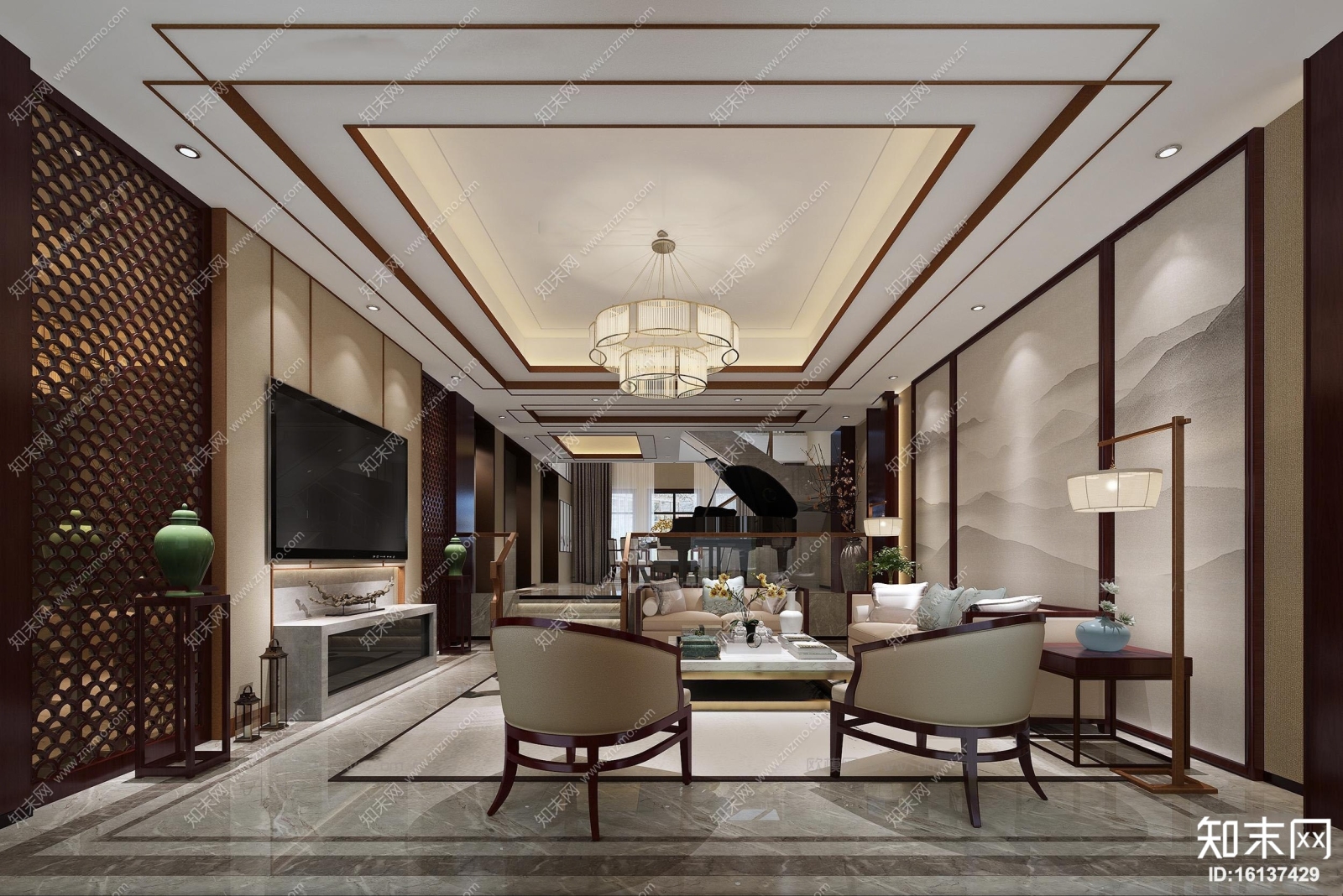 新中式复式客厅餐厅空间3D模型下载【ID:16137429】