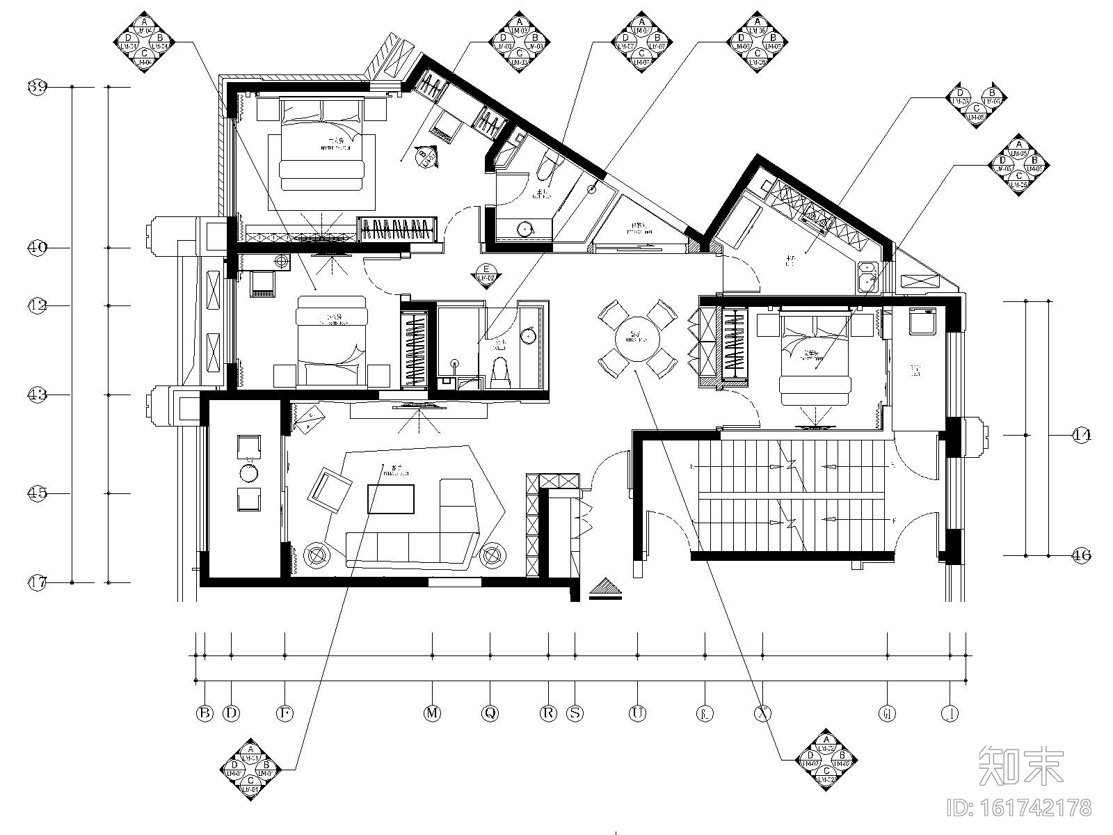 石家庄新源燕府5号标准层三居室样板房图纸cad施工图下载【ID:161742178】