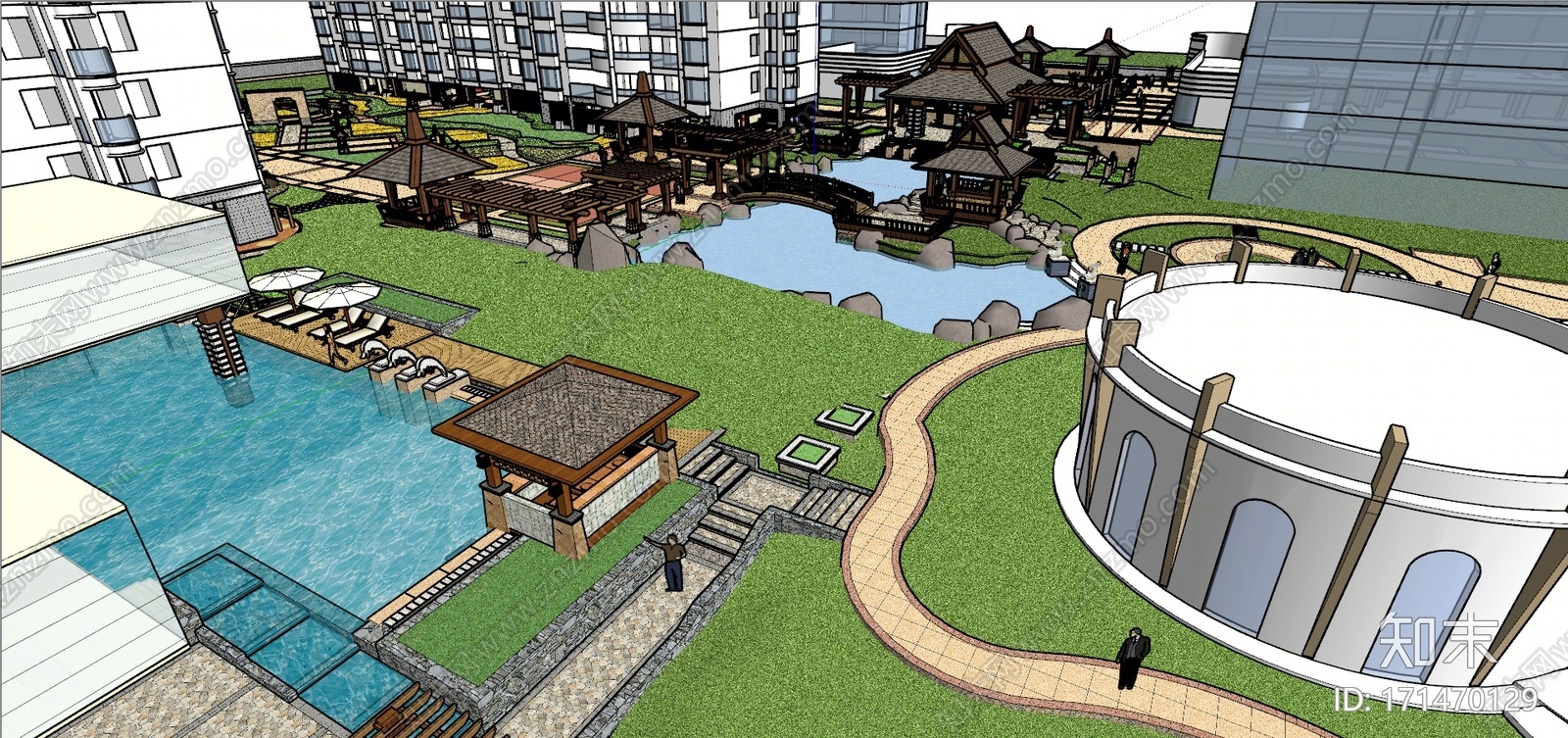 新中式小区公园SU模型下载【ID:171470129】