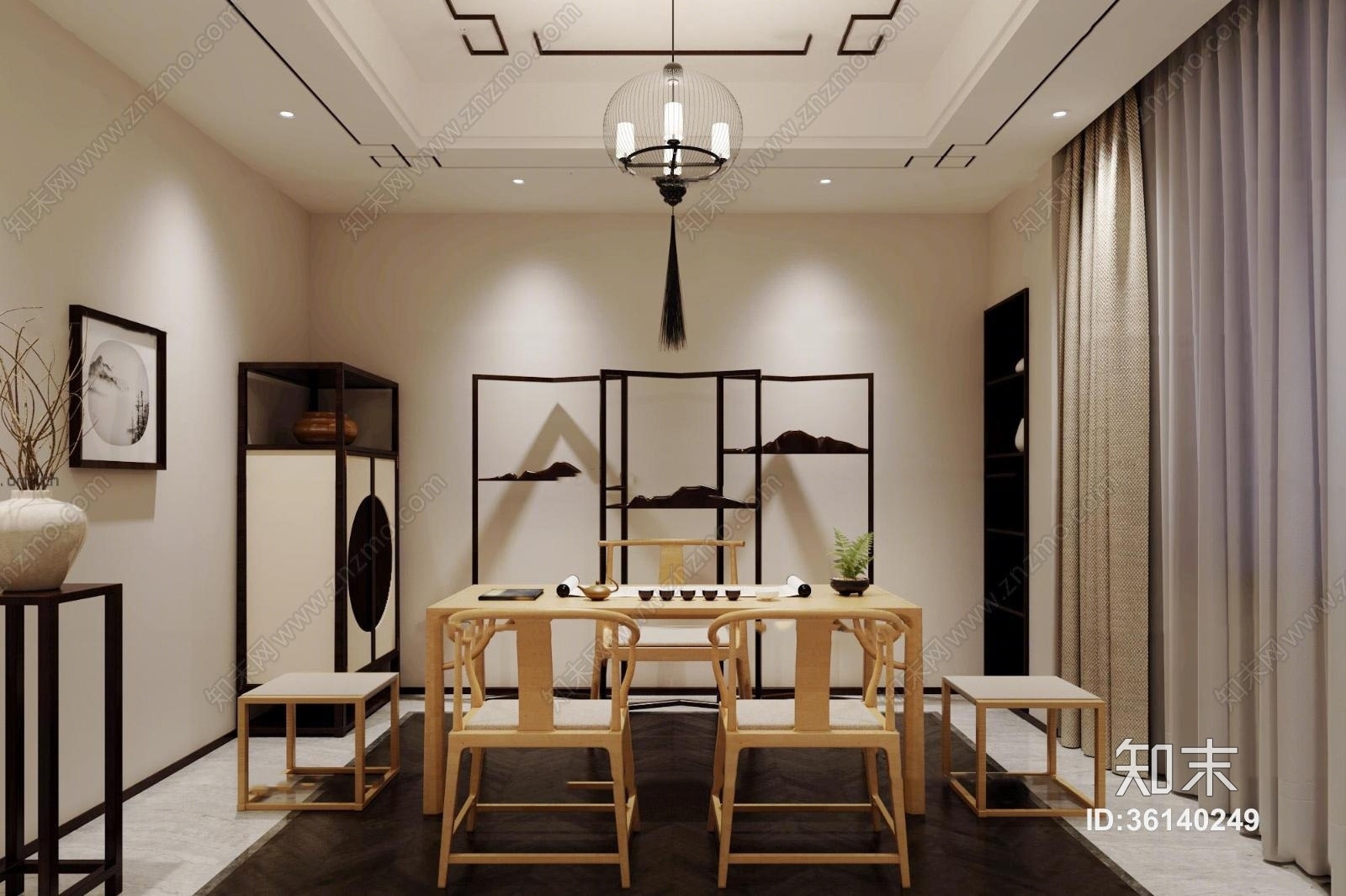 中式茶室花架装饰柜组合3D模型下载【ID:36140249】