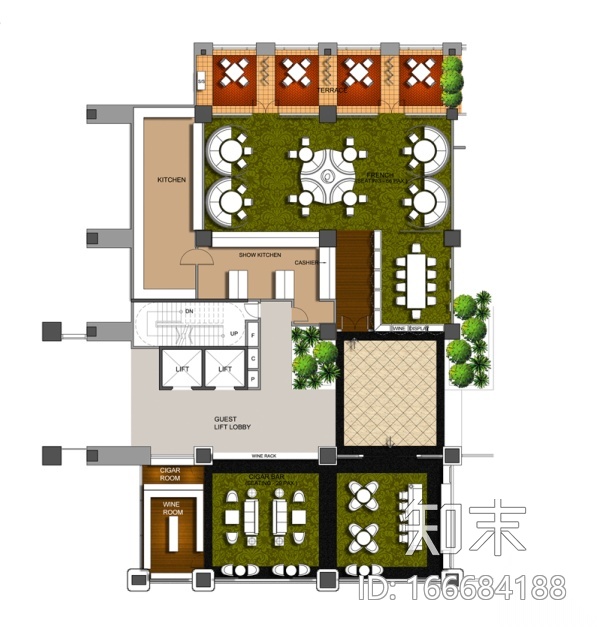 某法式餐厅及雪茄吧室内设计施工图（含方案、效果图）cad施工图下载【ID:166684188】