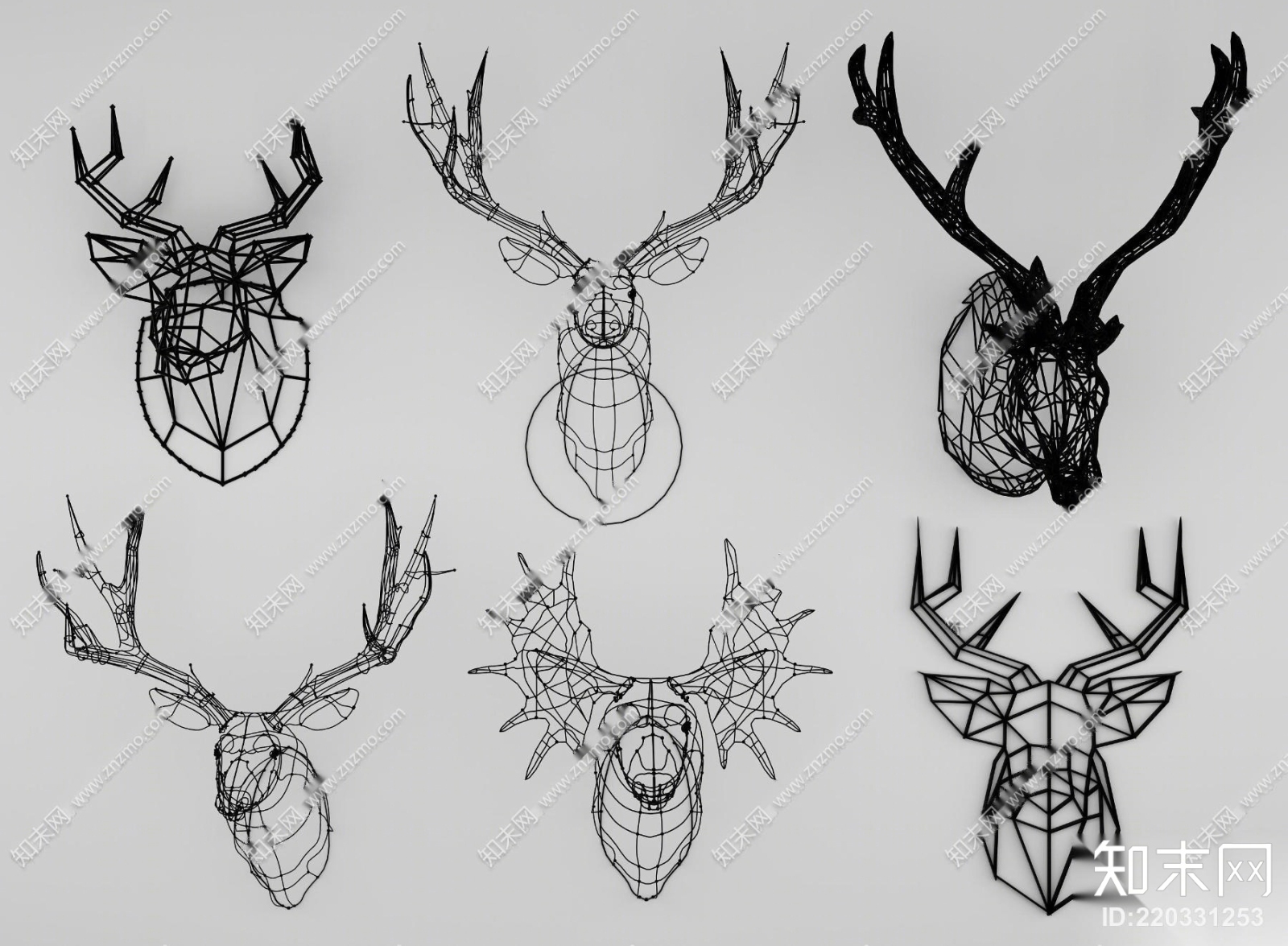 现代铁艺鹿头墙饰组合3D模型下载【ID:220331253】