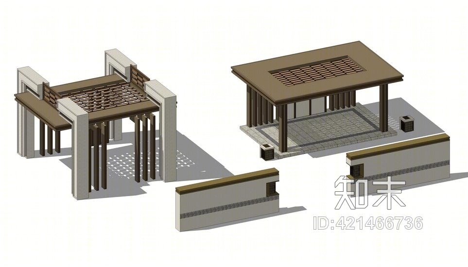 现代亭子廊架景墙组合SU模型下载【ID:421466736】