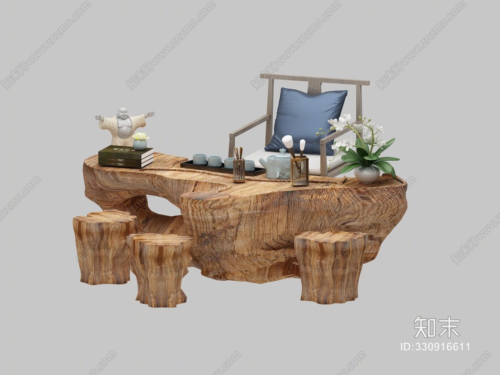 中式根雕泡茶桌椅3D模型下载【ID:330916611】