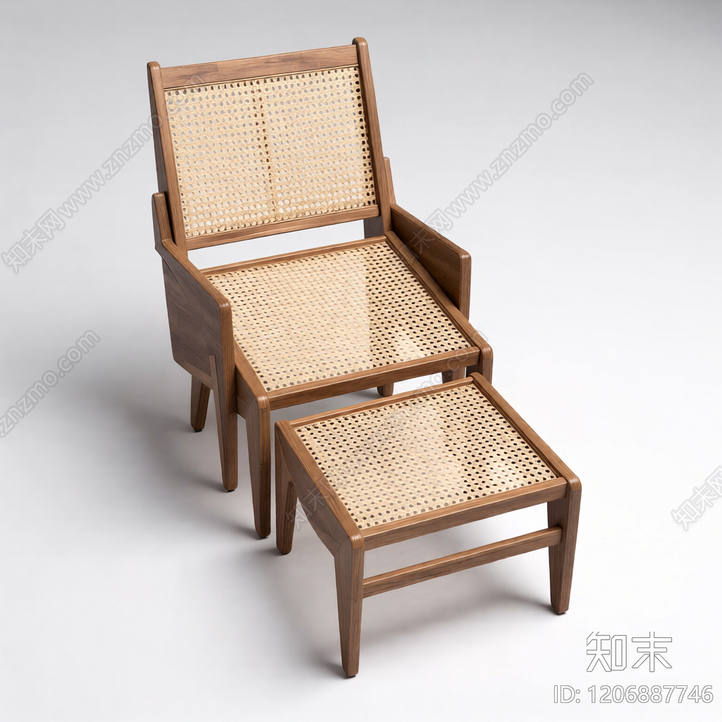 木质藤编椅凳组合3D模型下载【ID:1206887746】