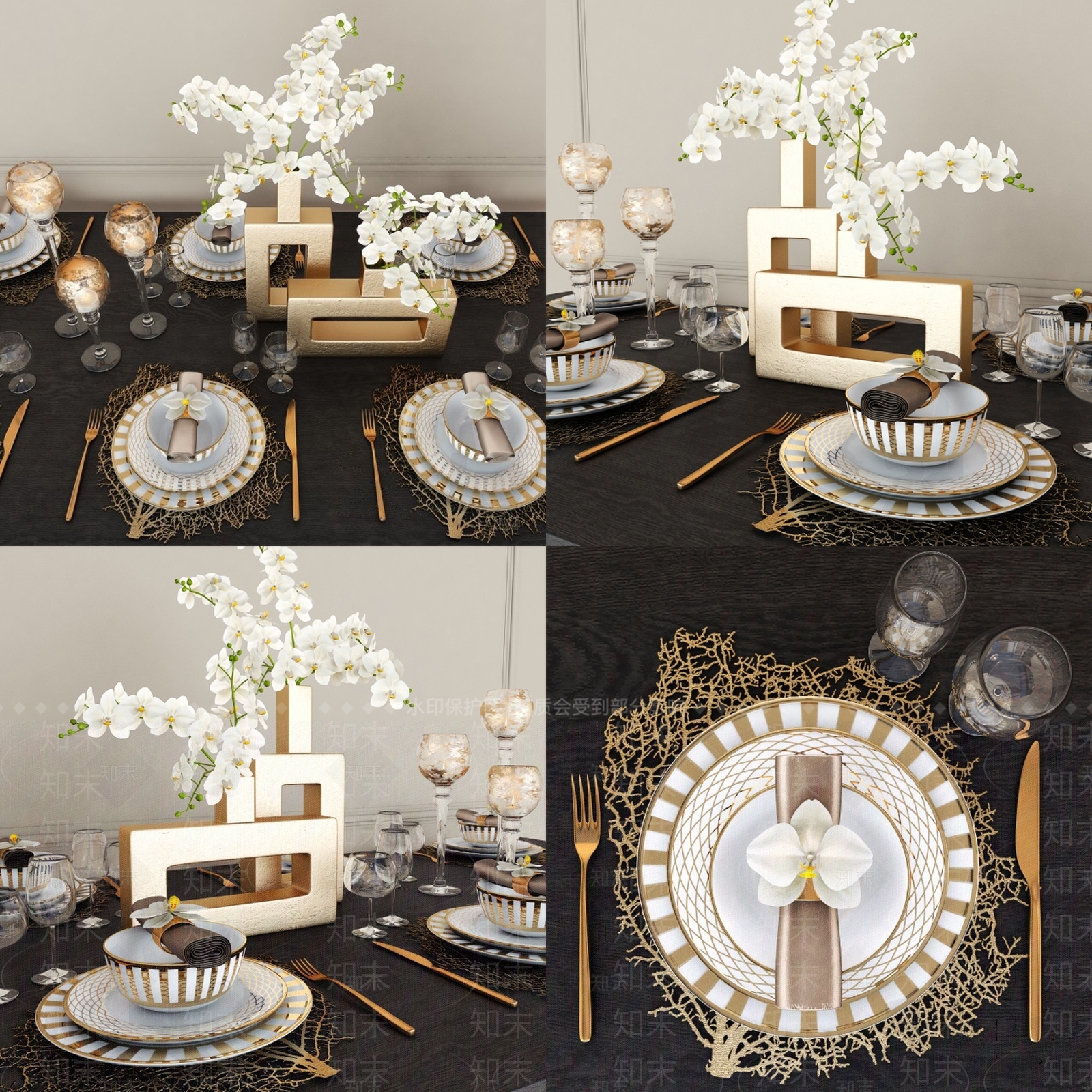 黄金餐具盘子刀叉组合3D模型下载【ID:933308382】