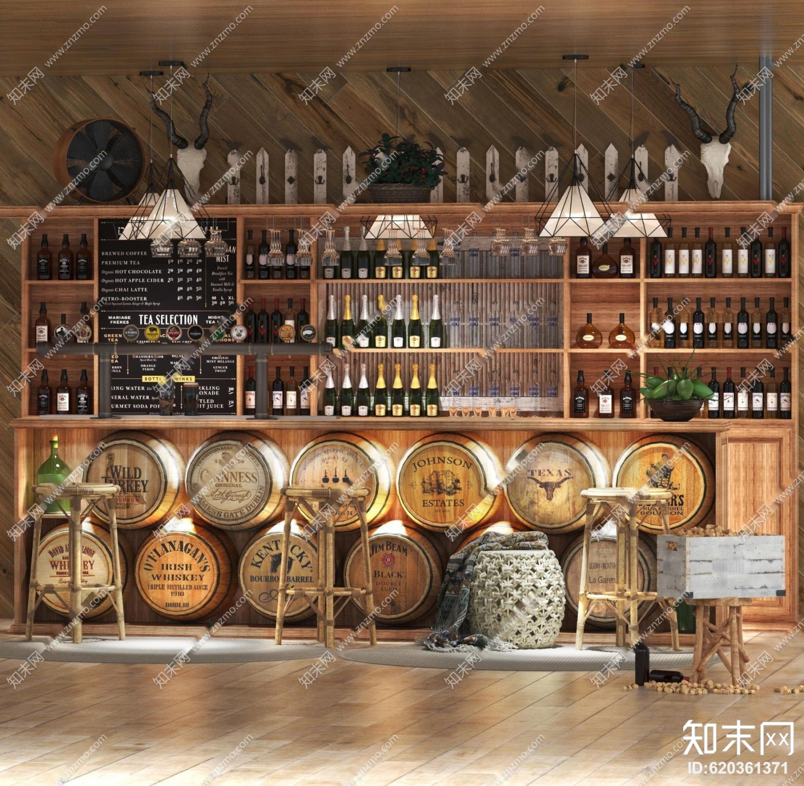 欧式吧台酒柜吊灯摆件组合3D模型下载【ID:620361371】