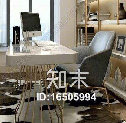 现代办书桌椅书架组合3D模型下载【ID:16505994】