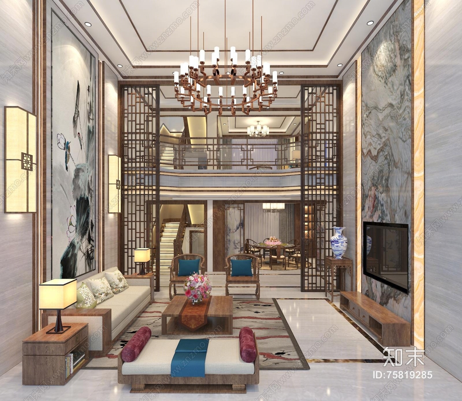 新中式别墅大厅3D模型下载【ID:75819285】