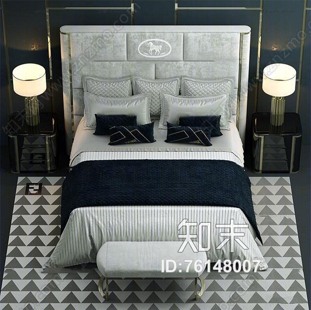 现代布艺双人床脚踏床头柜台灯3D模型下载【ID:76148007】