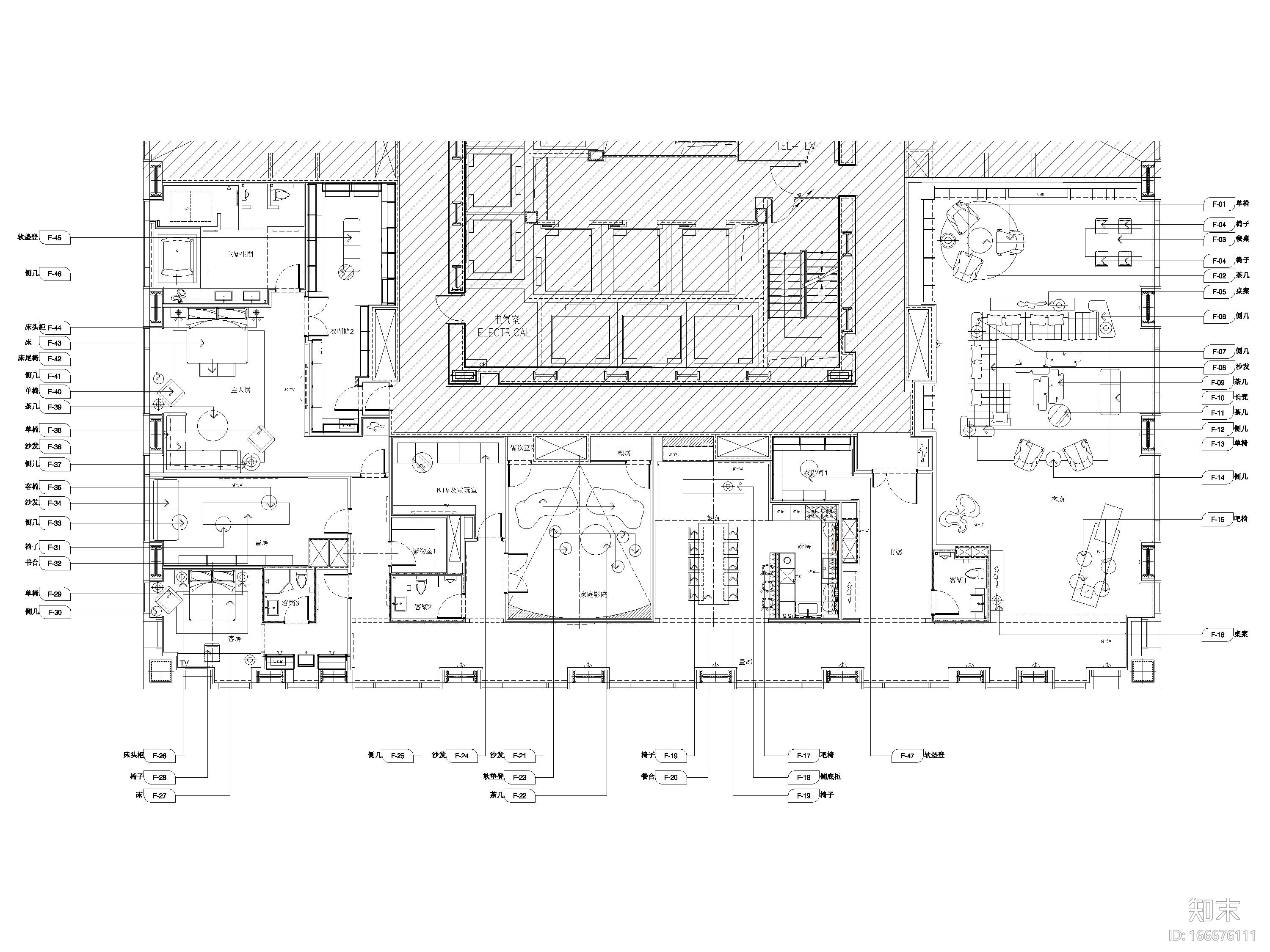 [北京]570㎡二居室现代大平层设计施工图cad施工图下载【ID:166676111】