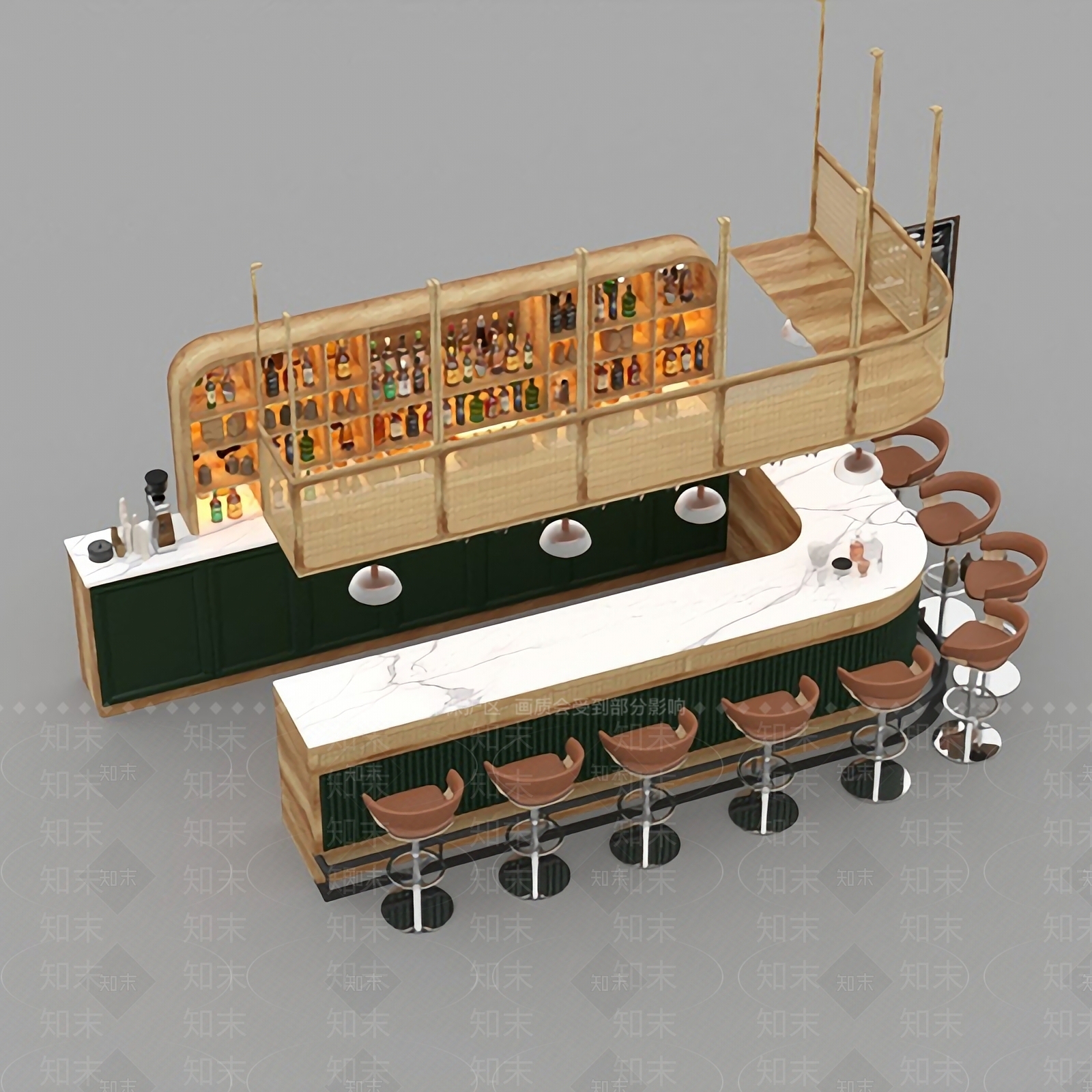北欧轻奢创意实木大理石吧台酒柜3D模型下载【ID:1125241583】