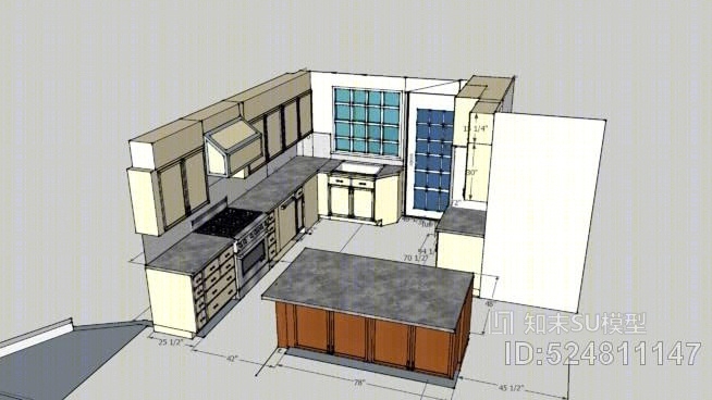 厨房平面布局与橱柜小门SU模型下载【ID:524811147】