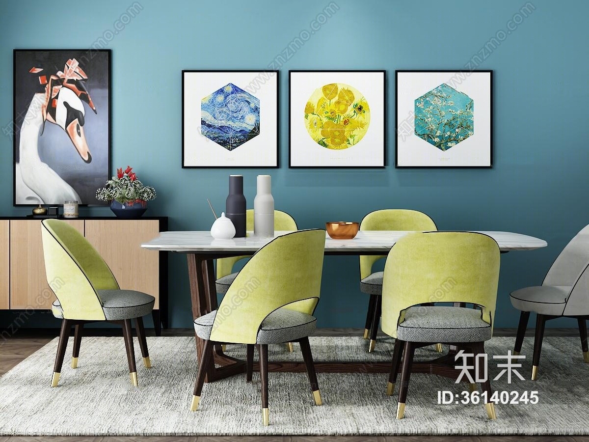 现代餐桌椅边柜装饰画组合3D模型下载【ID:36140245】