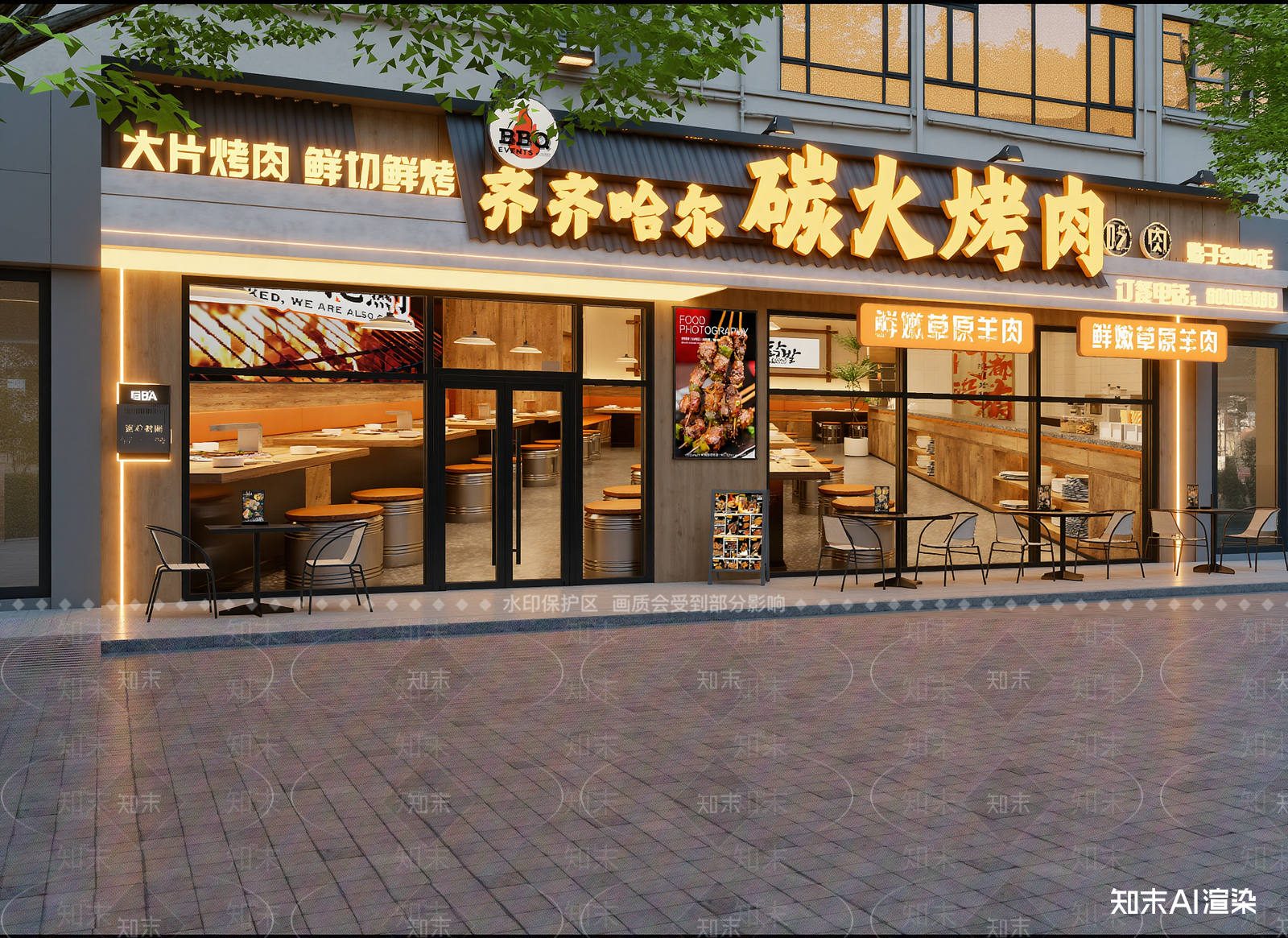 现代烤肉店3D模型渲染效果图