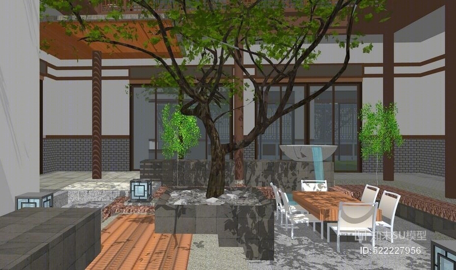中式别墅庭院景观SU模型下载【ID:522227956】