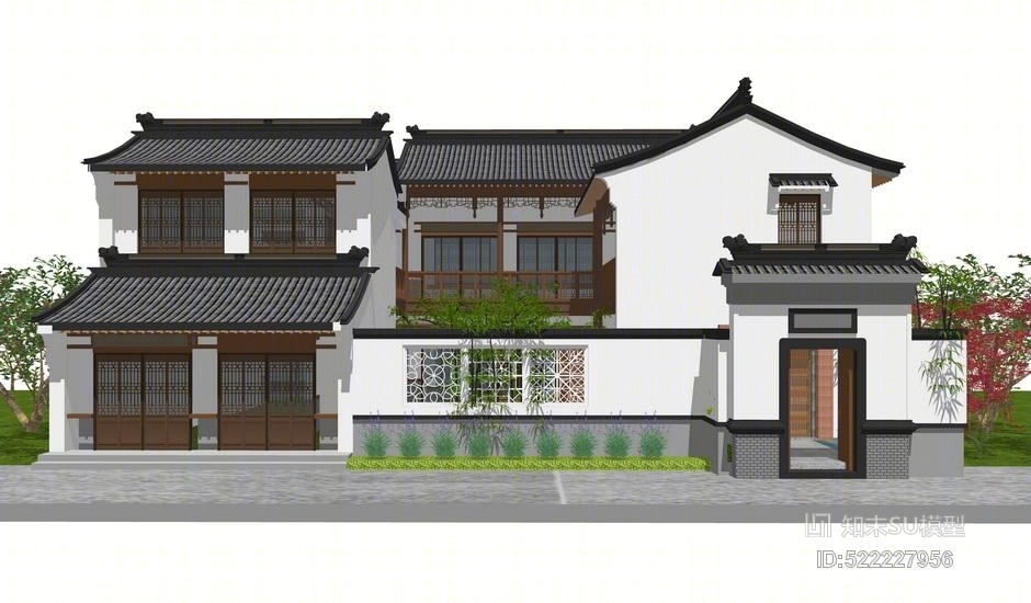 中式别墅庭院景观SU模型下载【ID:522227956】