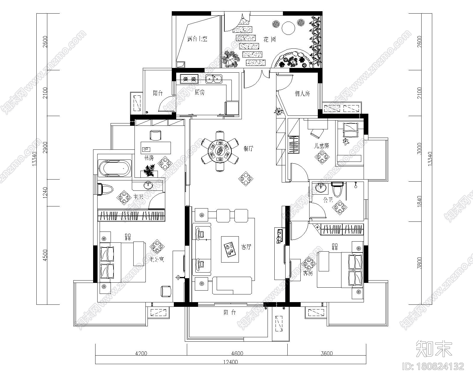 东方御花园-四居室样板房室内装修施工图cad施工图下载【ID:180824132】