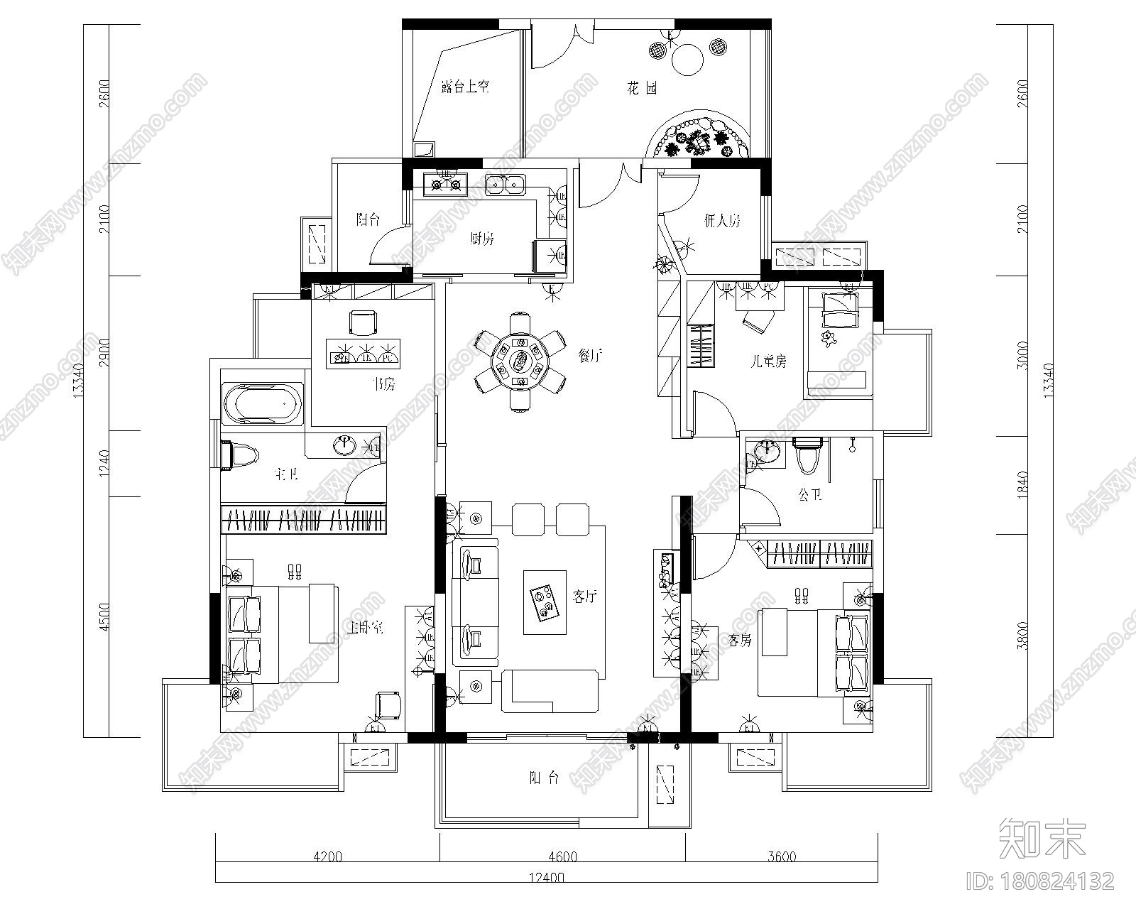 东方御花园-四居室样板房室内装修施工图cad施工图下载【ID:180824132】